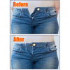 Before and after comparison showing no-sew button waist extenders on denim jeans.