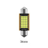 A silver LED bulb with a black base and yellow light, labeled 36MM.