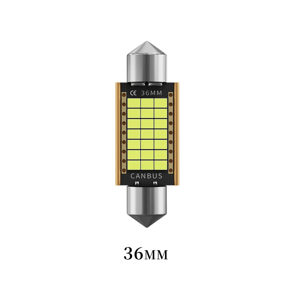 A silver LED bulb with a black base and yellow light, labeled 36MM.