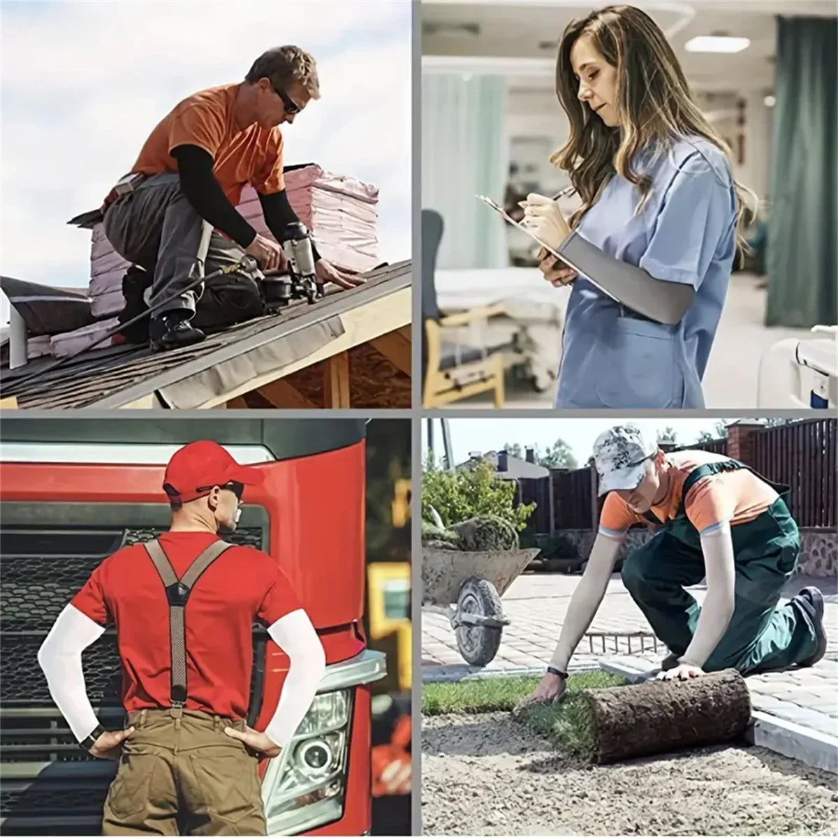 A collage showing people applying or using UV protection cooling arm sleeves for various activities.