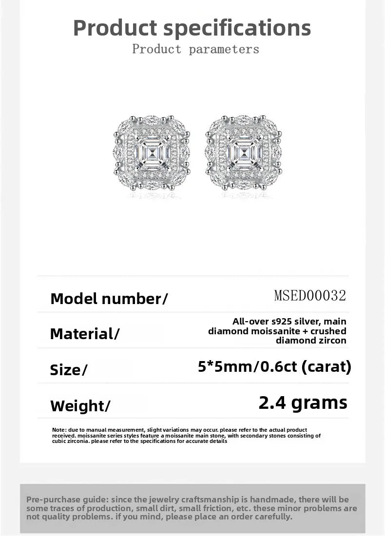 Square Moissanite Stud Earrings in Rhodium-Plated Silver