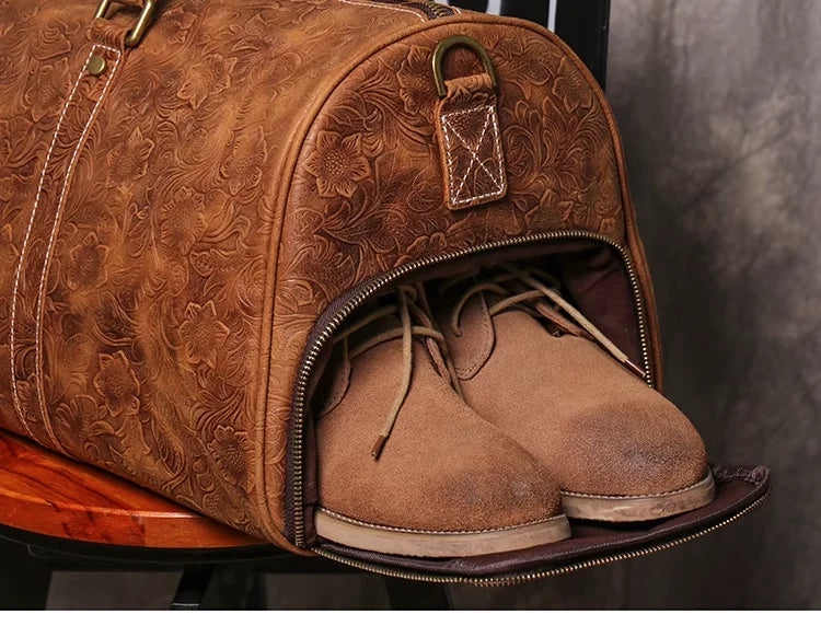 Vintage Embossed Leather Travel Duffle Bag