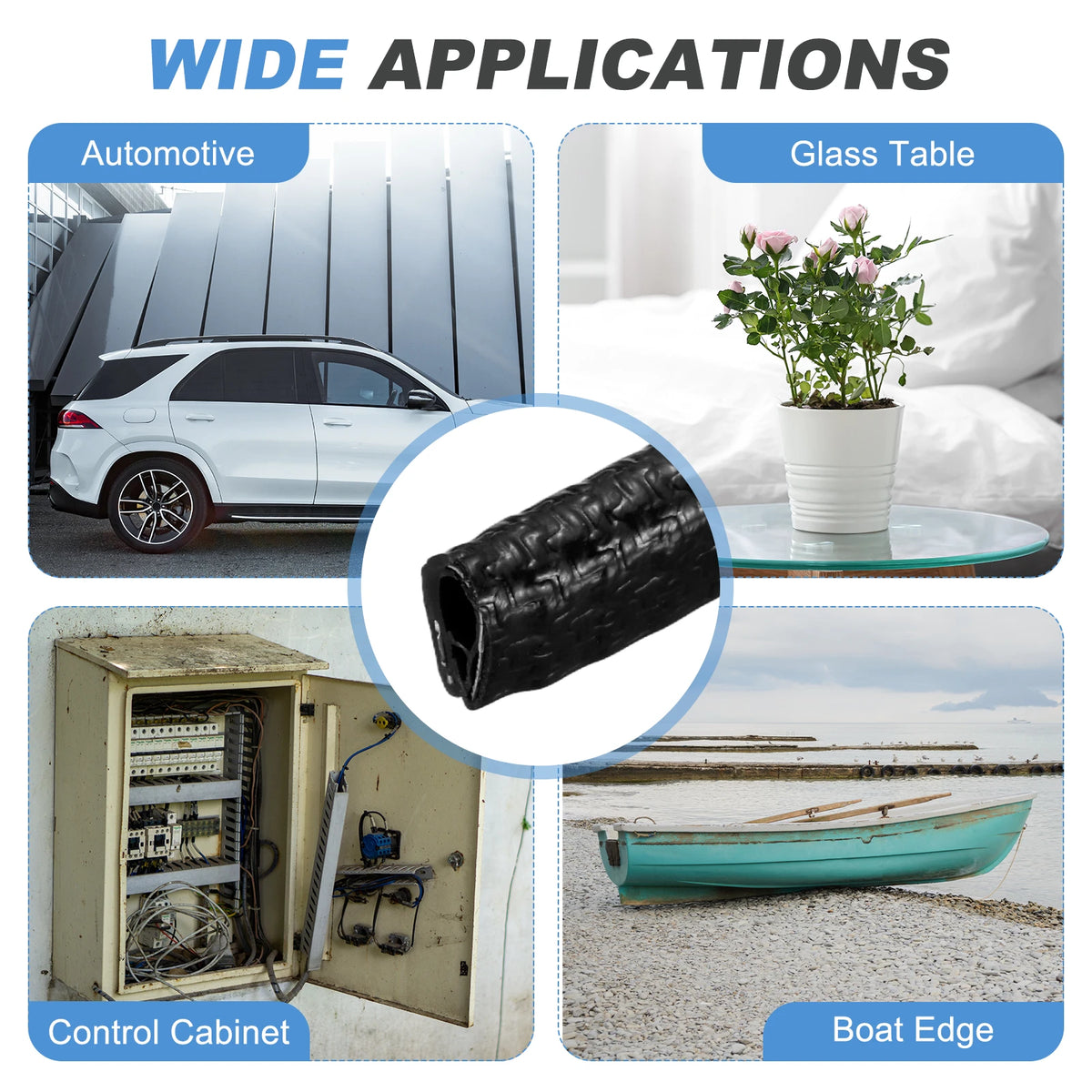 Flexible rubber U-channel edge protector trim shown in automotive, glass table, control cabinet, and boat edge applications.
