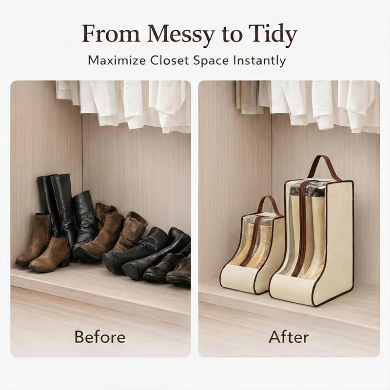 Before and after comparison showing waterproof boot storage bags maximizing closet space.