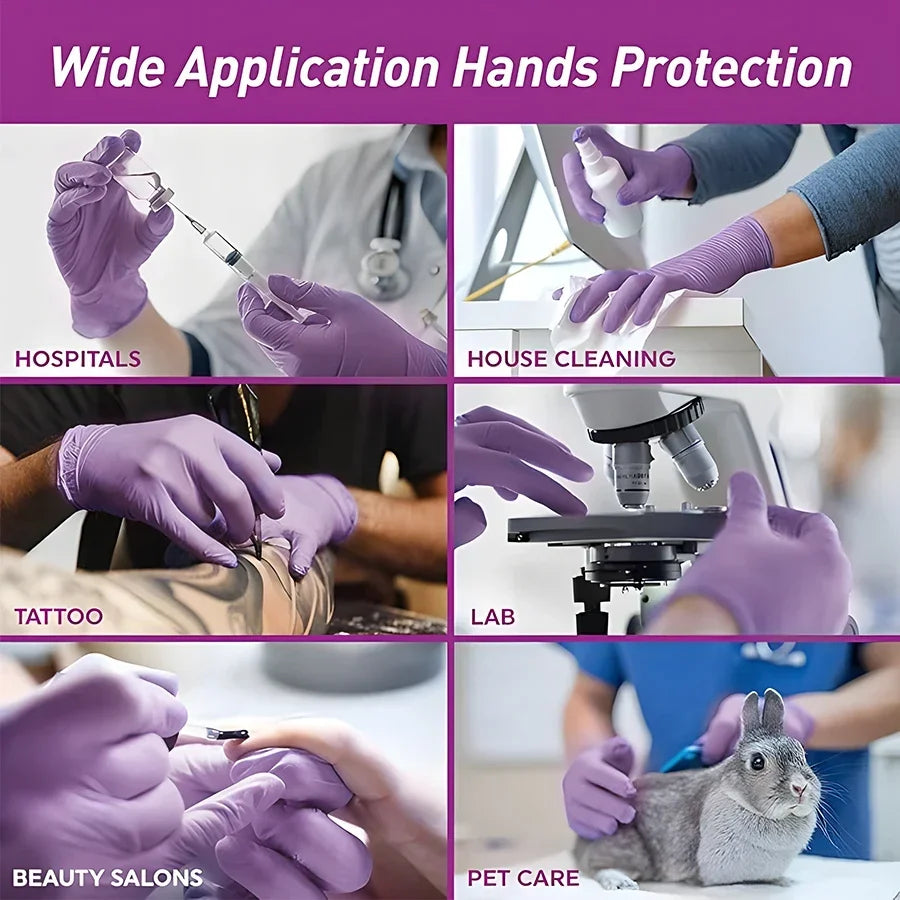 Hands wearing purple nitrile gloves performing various tasks including medical procedures, cleaning, tattooing, beauty treatm