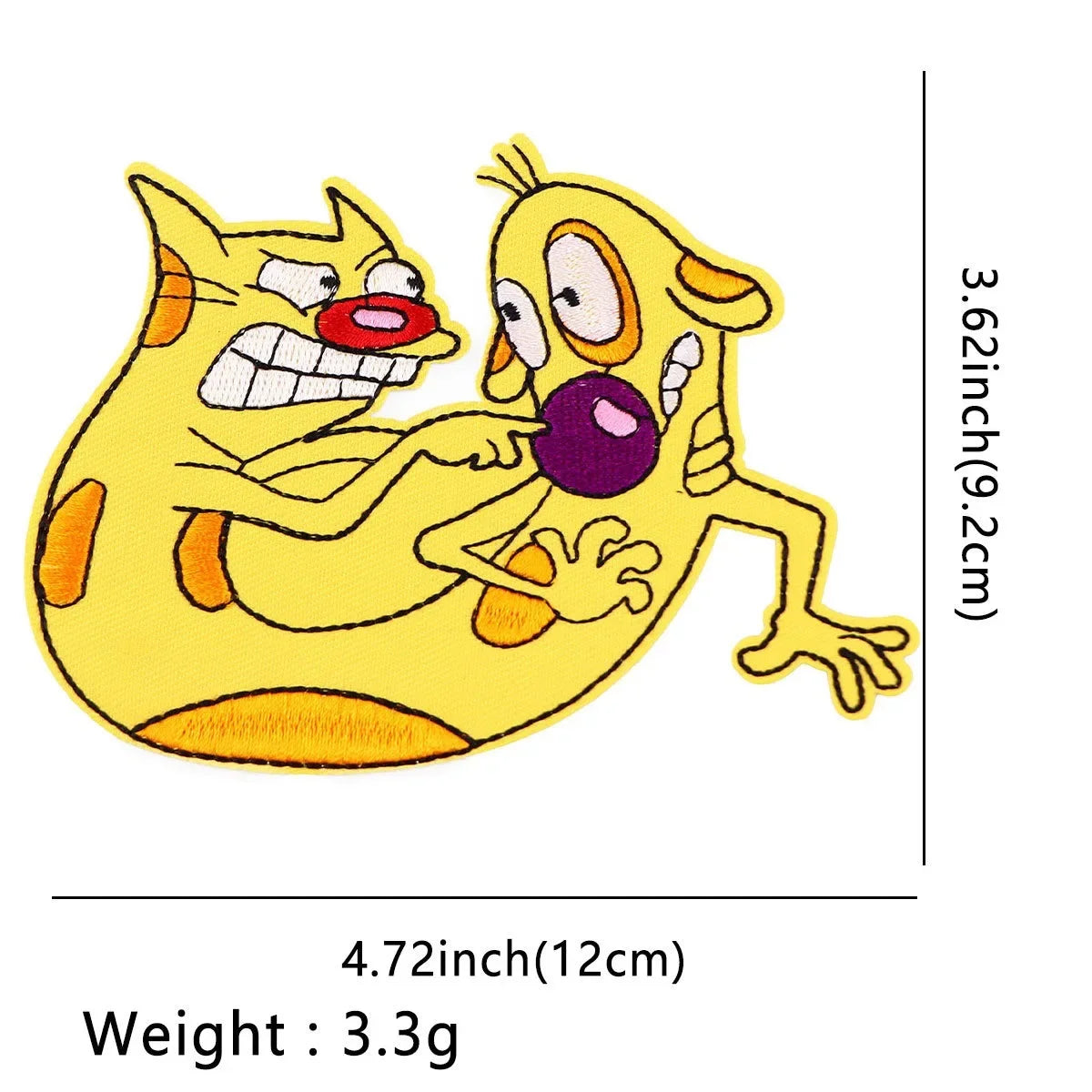 A yellow embroidered cat dragon iron-on patch featuring a fierce expression and purple eye.