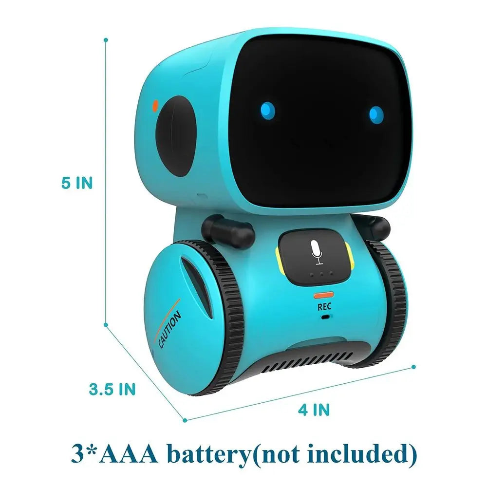 A teal robot toy with a round head and body, shown from the front, with dimensions marked.