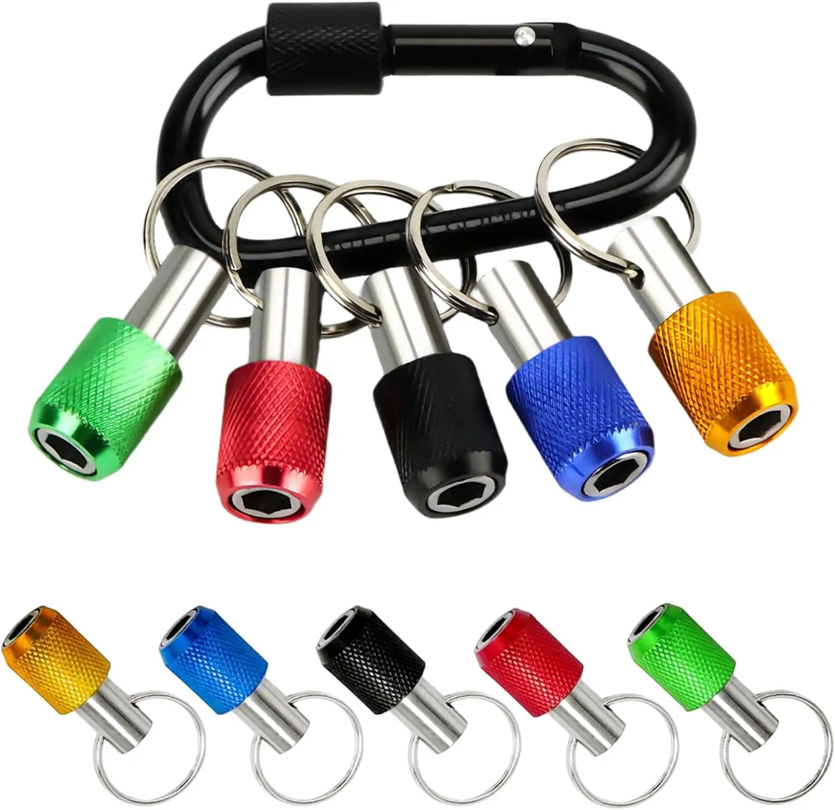 A set of magnetic 1/4 inch hex bit holders with quick-release chucks in various colors like green, red, and blue.
