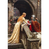 A painting depicting a woman in a yellow gown standing beside a knight in armor near an arched stone structure.