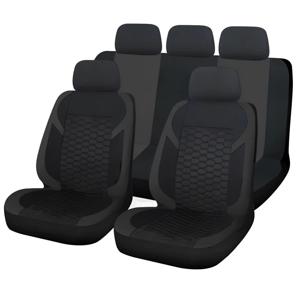 A set of black universal honeycomb mesh car seat covers.