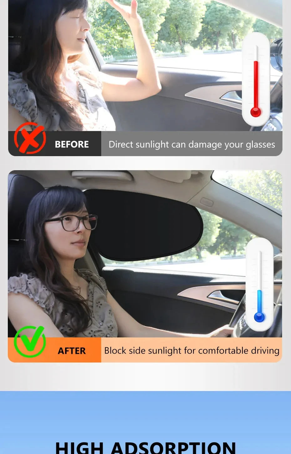 Before and after comparison showing the protection of a car window with an electrostatic sun shade.