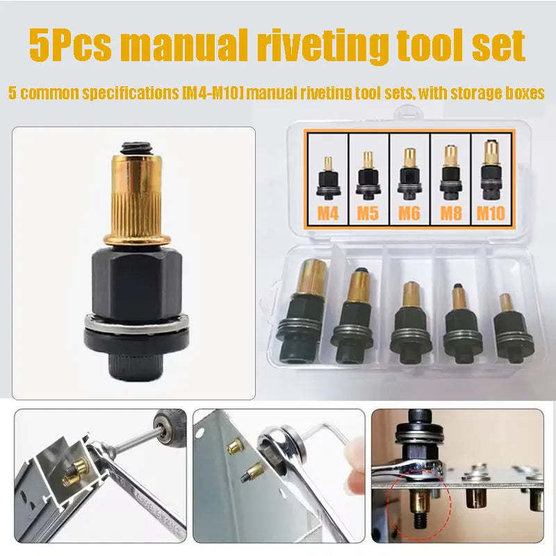 A set of five manual riveting tool sets with interchangeable heads M4 to M10, shown with individual tools and storage boxes.