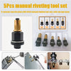 A set of five manual riveting tool sets with interchangeable heads M4 to M10, shown with individual tools and storage boxes.