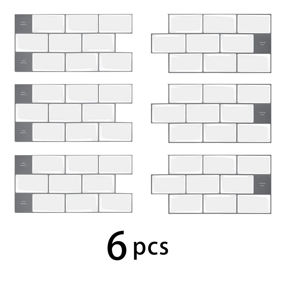 Six sets of 3D waterproof peel-and-stick kitchen wall tiles in various gray and white shades