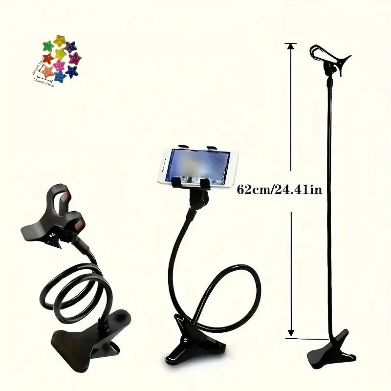 A black universal stand for tablets and phones, featuring a flexible neck and adjustable height.