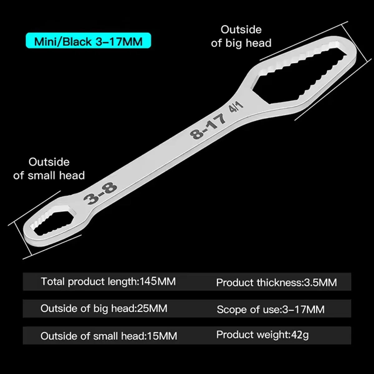 Self-Tightening Universal Wrench Set with Dual Heads