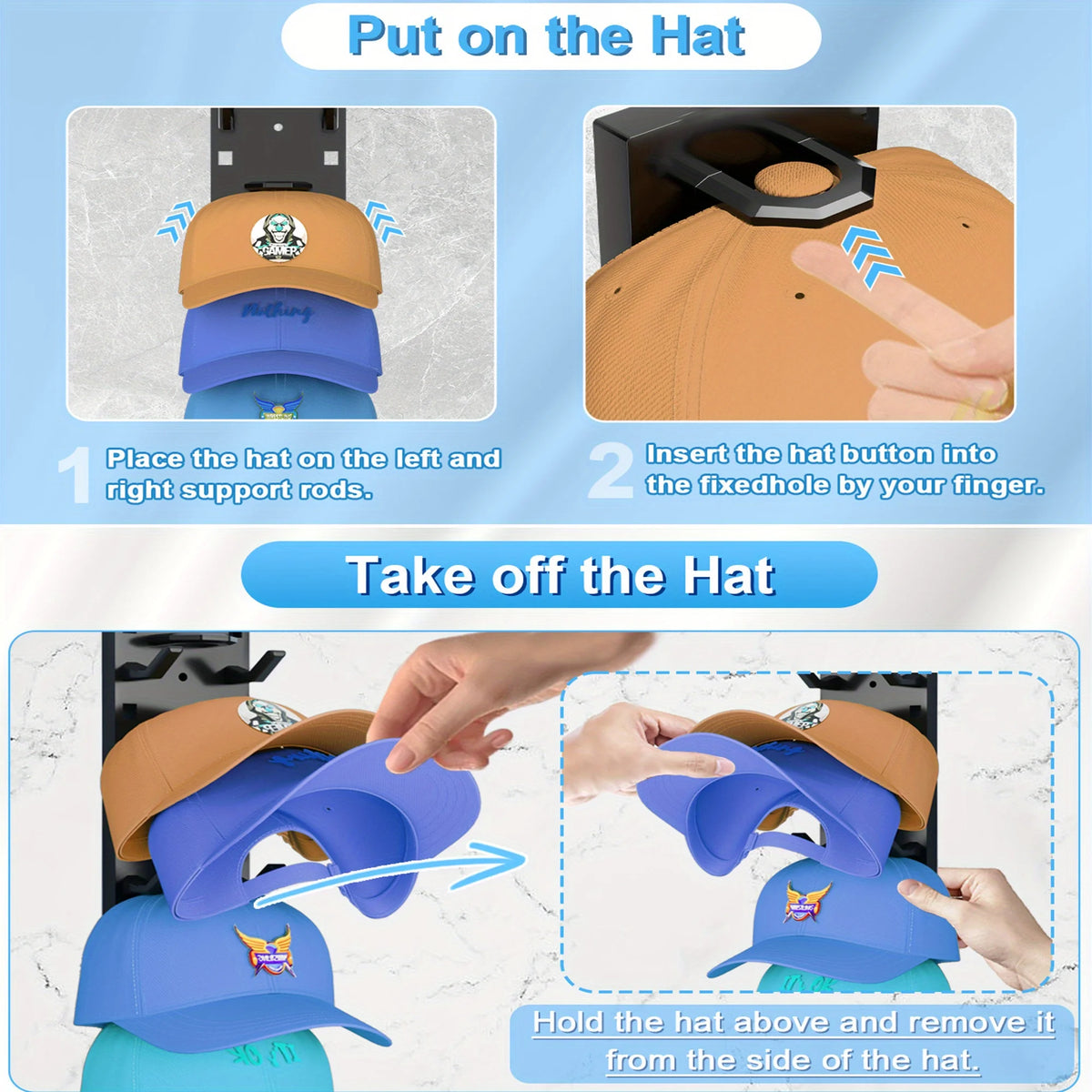 Wall-Mounted Baseball Cap Organizer for Up to 9 Hats