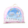 Pink portable crib mosquito net with a baby figure and moon design