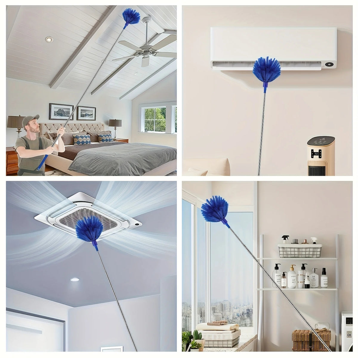 Extendable microfiber duster with two heads used for cleaning high ceilings and fans.
