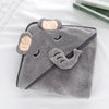 A gray, fluffy hooded baby bath towel with a cute elephant face design.