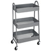 A gray 3-tier rolling metal storage cart with wire baskets and lockable wheels.