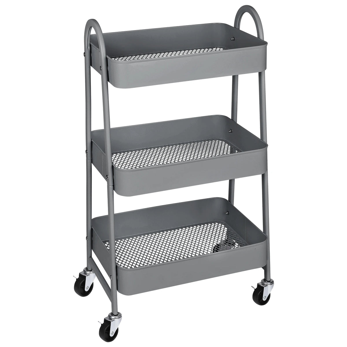 A gray 3-tier rolling metal storage cart with wire baskets and lockable wheels.