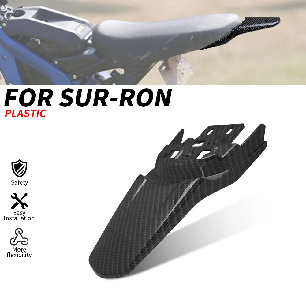 Black plastic extended rear fender for a Sur-Ron electric bike.