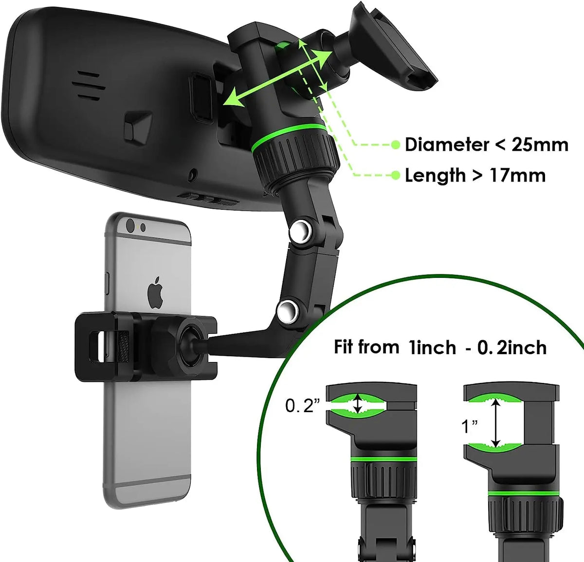 A black phone mount with a rotating joint and a retractable arm is shown fitting onto an iPhone.