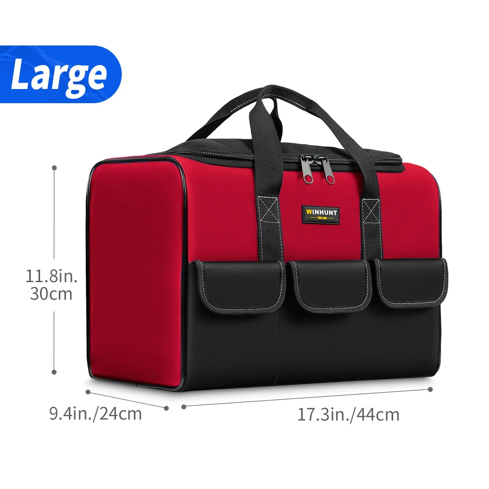 Large red and black heavy-duty tool bag with six exterior pockets