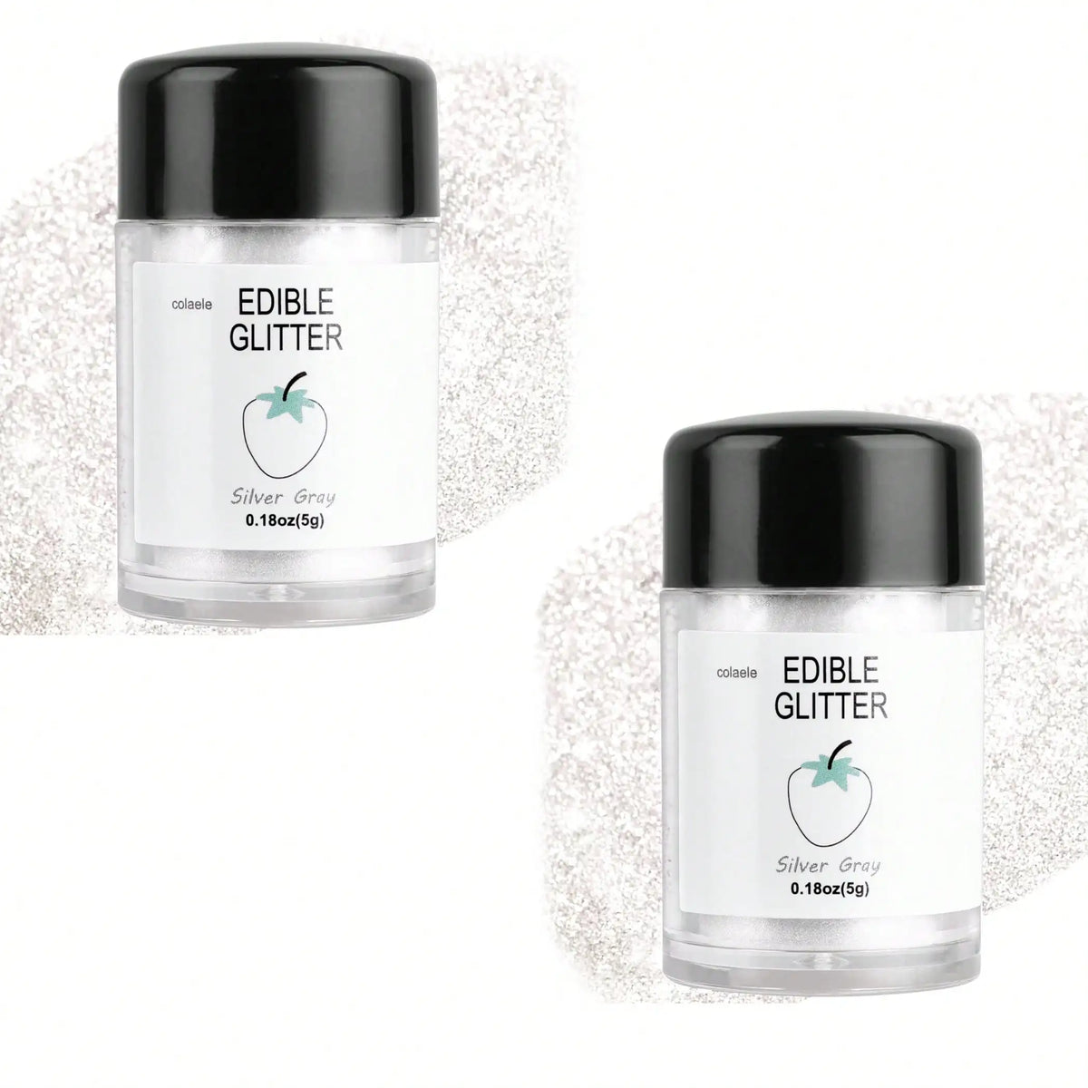 A clear jar of edible silver gray glitter powder labeled Edible Glitter for baking and dessert decoration.