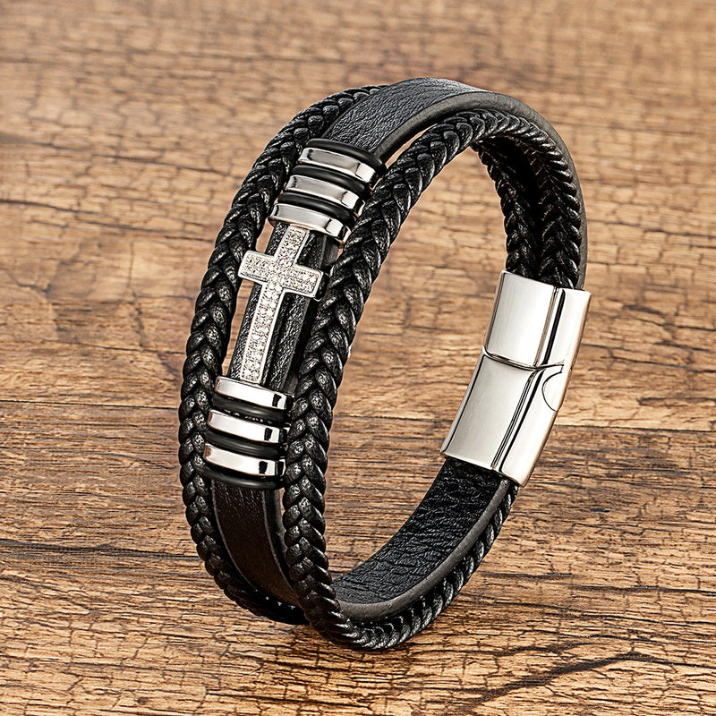 Classic Cross Charm Bracelet with Black Leather Rope