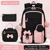 Black and pink backpack set featuring a main backpack, a separate pouch, and a pencil case.