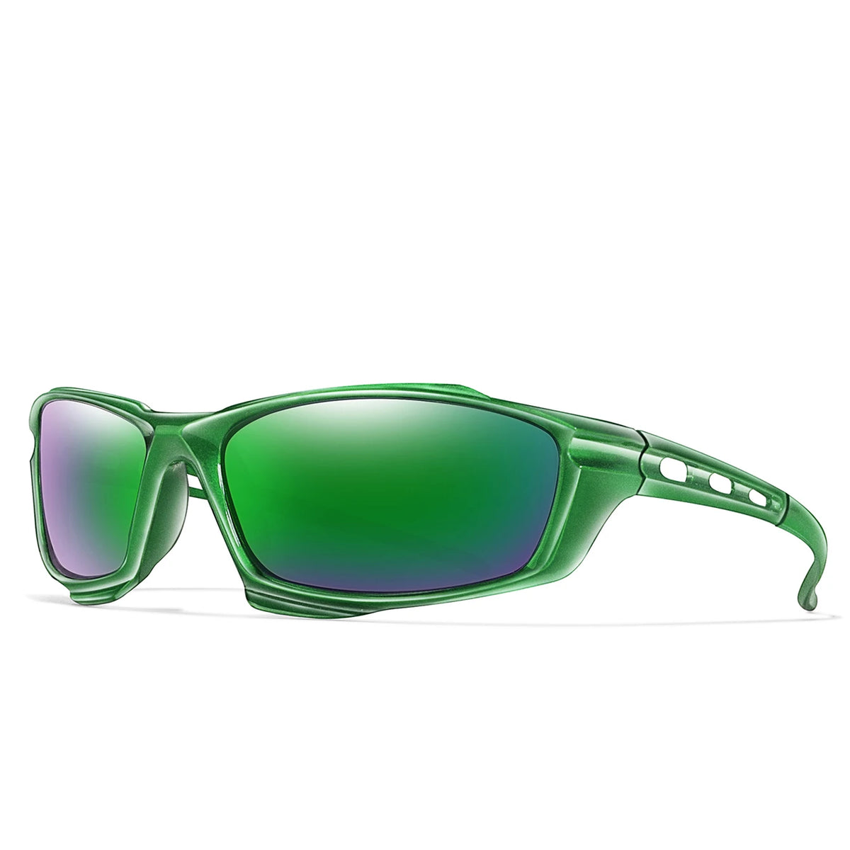 A pair of green polarized sports sunglasses viewed from the side.
