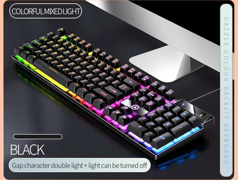 A black colorful mixed light keyboard is shown with a silver desk mat, featuring gap character double light.