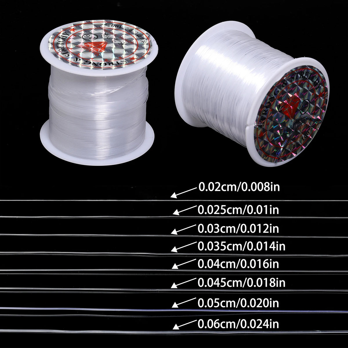 Spool of white nylon beading cord with various diameters shown for jewelry making