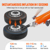 A hand is using an orange handheld air blaster to inflate a tire, demonstrating instantaneous inflation.