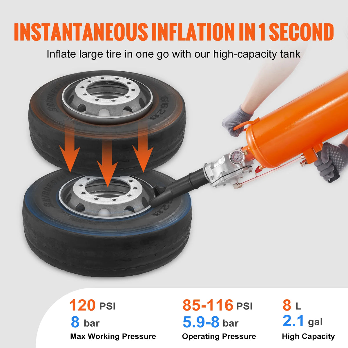 A hand is using an orange handheld air blaster to inflate a tire, demonstrating instantaneous inflation.