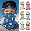 A child wearing a blue patterned balaclava mask with a white visor and black trim.