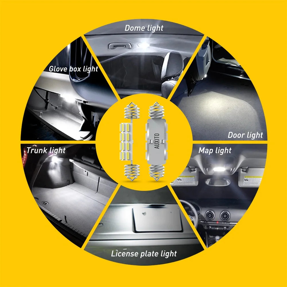 Diagram showing various car interior lights like dome, glove box, door, trunk, license plate, and map lights.