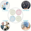 Diagram showing various uses for a reusable polka dot waterproof shower cap including cleaning, hair mask, cooking, and showe