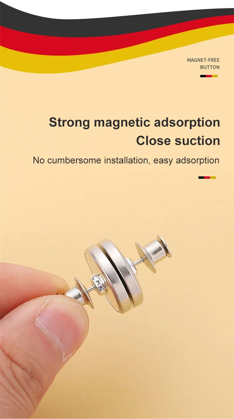 A hand is holding a silver magnetic curtain clip, demonstrating its close suction and easy installation.