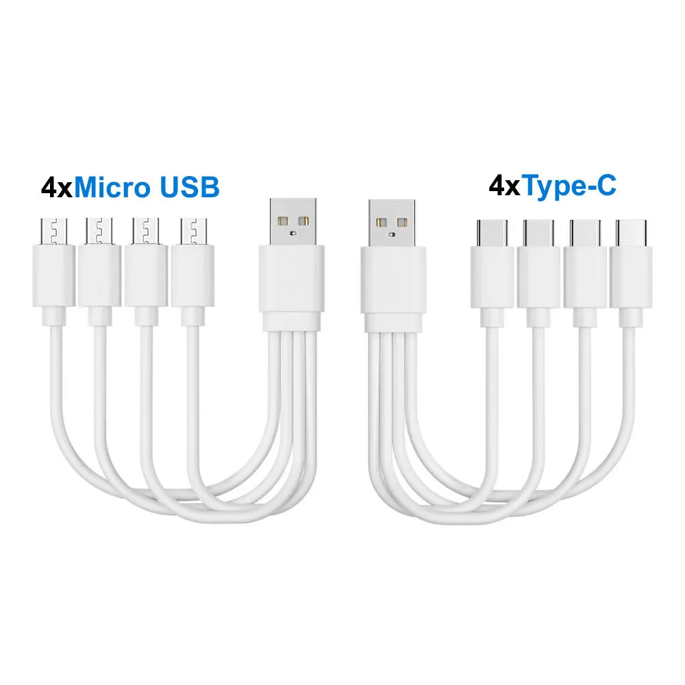 A set of white multi-charging cables including four Micro USB and four Type-C connectors.