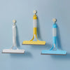 A set of three multi-function window cleaning tools in white, yellow, and blue with handles.