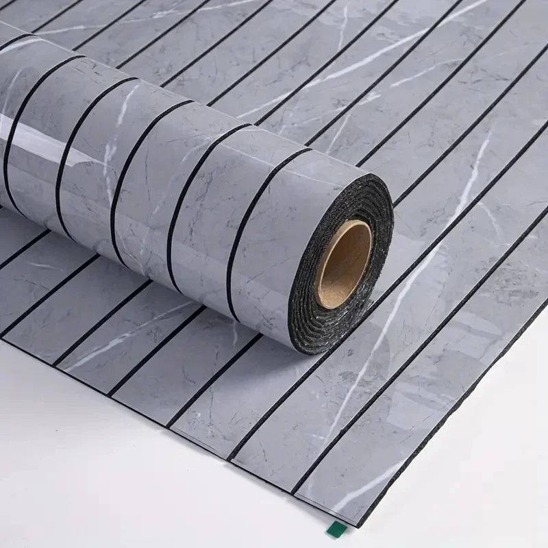 Roll of extra thick 3D wood grain self-adhesive wallpaper in gray and white marble pattern