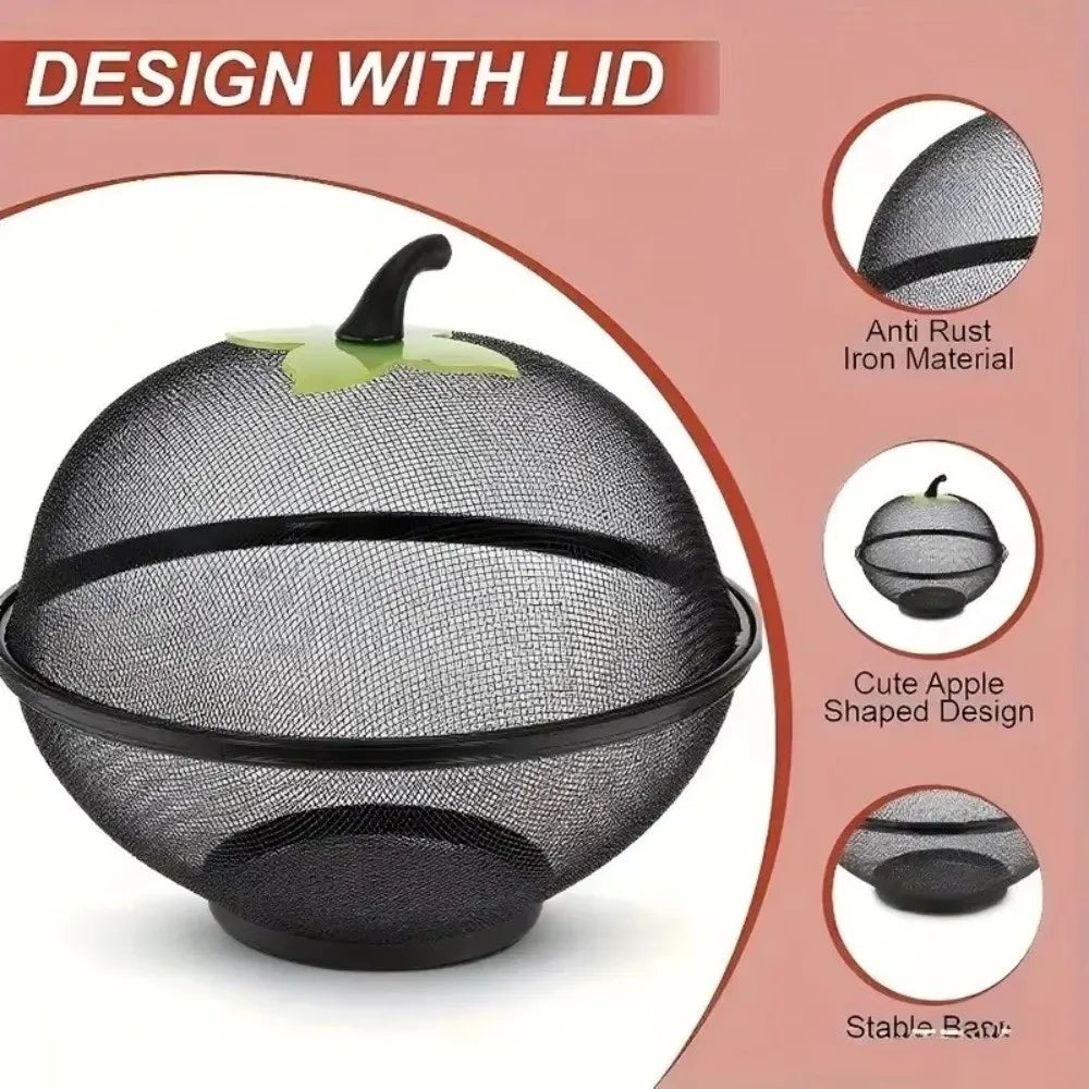 Black metal fruit basket with a mesh lid and storage organizer featuring an anti-rust iron material.