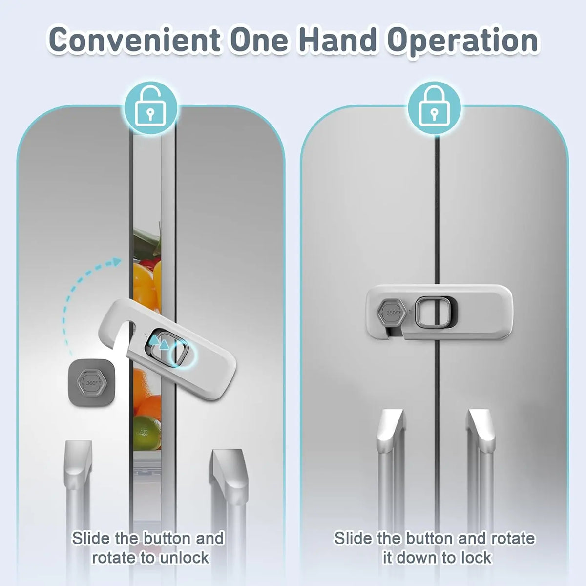 Diagram showing a convenient one-hand operation for refrigerator locks, illustrating sliding and rotating buttons to unlock o