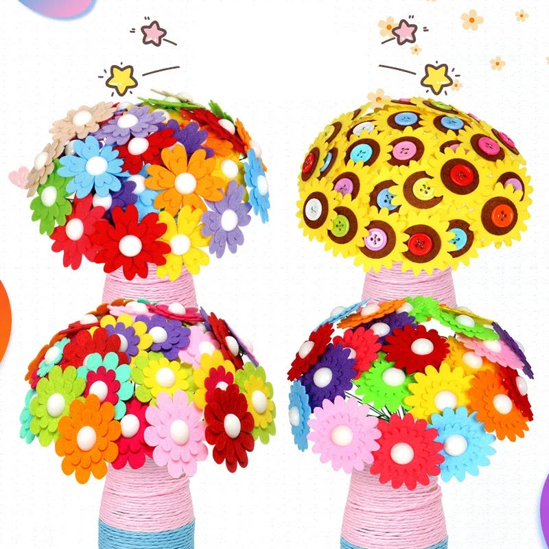 A colorful flower craft kit with felt flowers and buttons used to make a bouquet for kids.