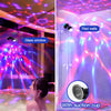 An RGB LED disco ball light illuminates tiled walls with vibrant pink and blue light patterns.