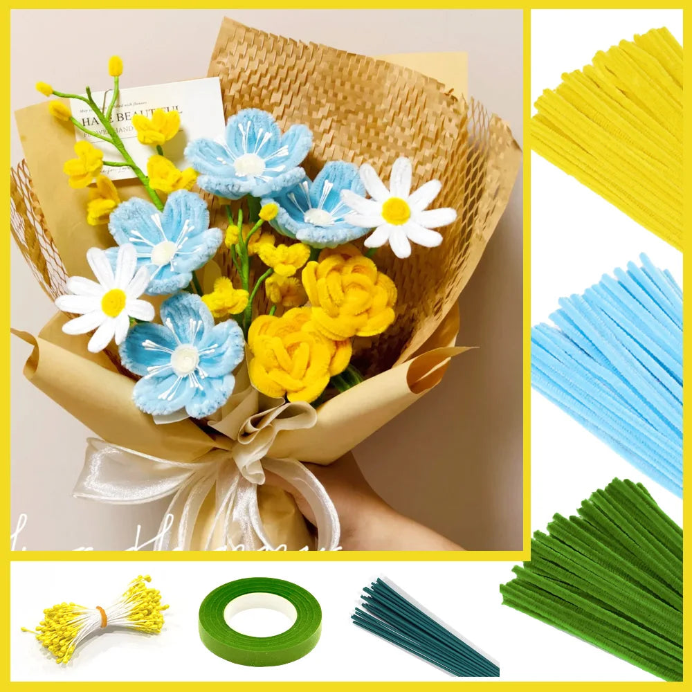 DIY pipe cleaner flower craft kit showing yellow and blue flowers, green pipe cleaners, and a green ring.