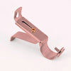 A rose gold metal curtain rod bracket with an adjustable wall mount support.